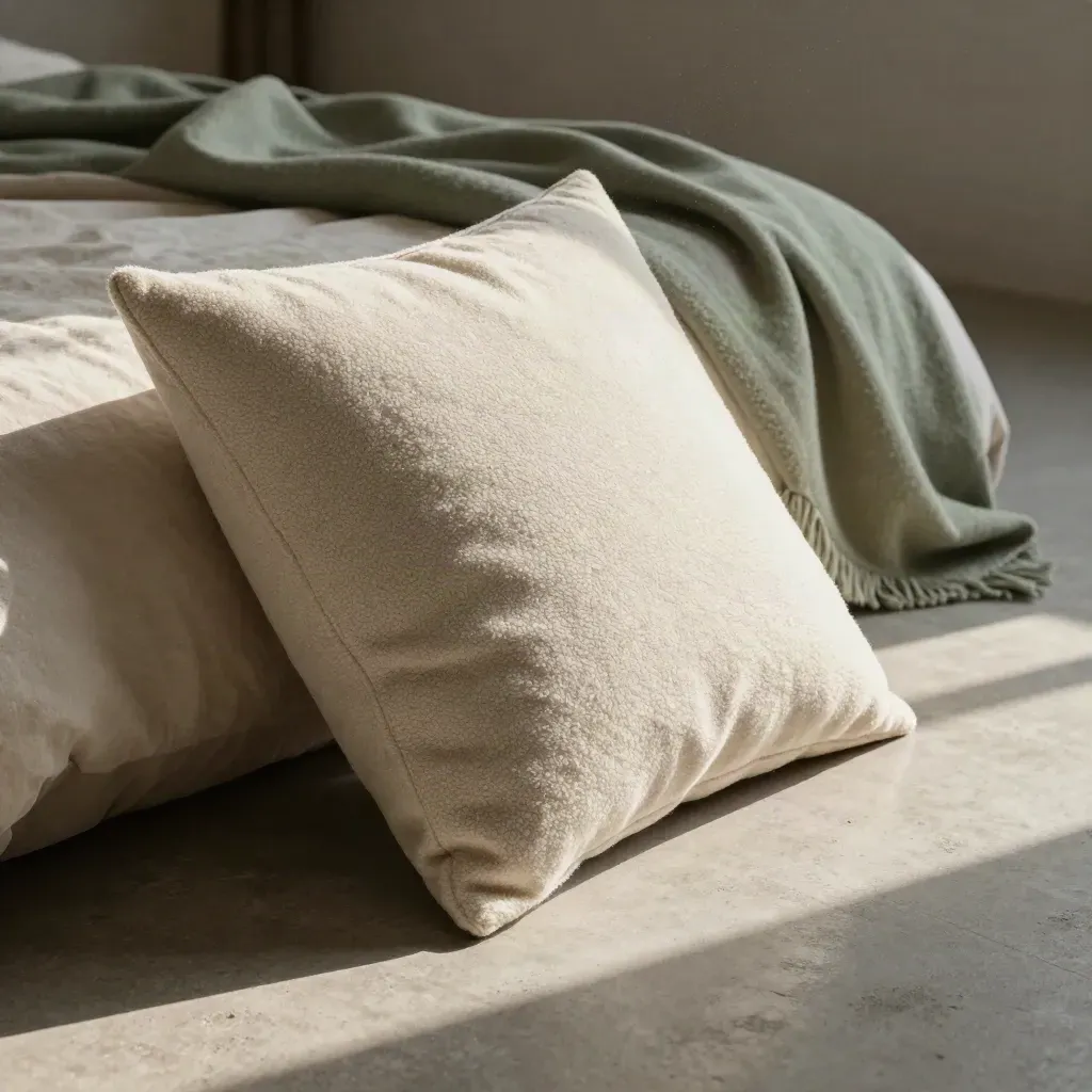Stone boucle cushion leaning into a second cushion with a wool throw on concrete
