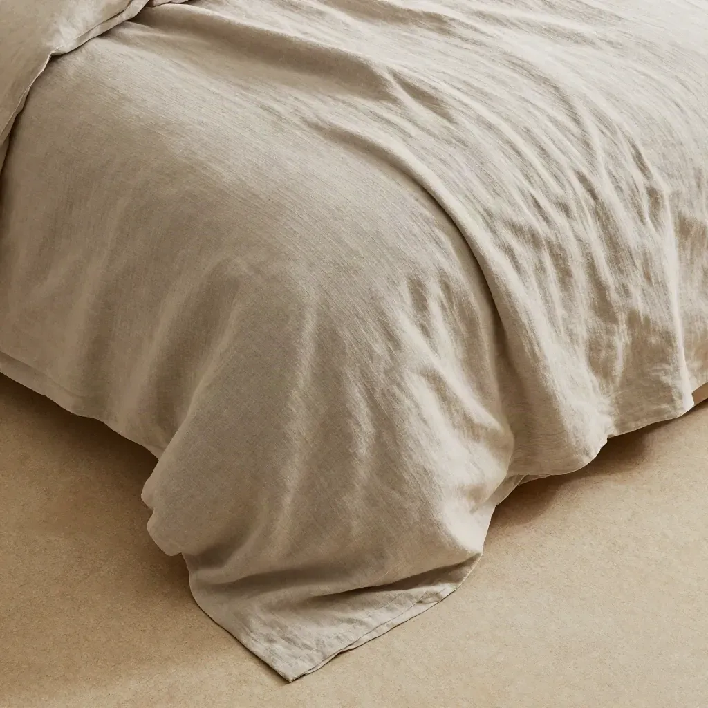 Overhead flatlay of oat linen duvet set with sham on pale stone, lit by soft raking daylight.