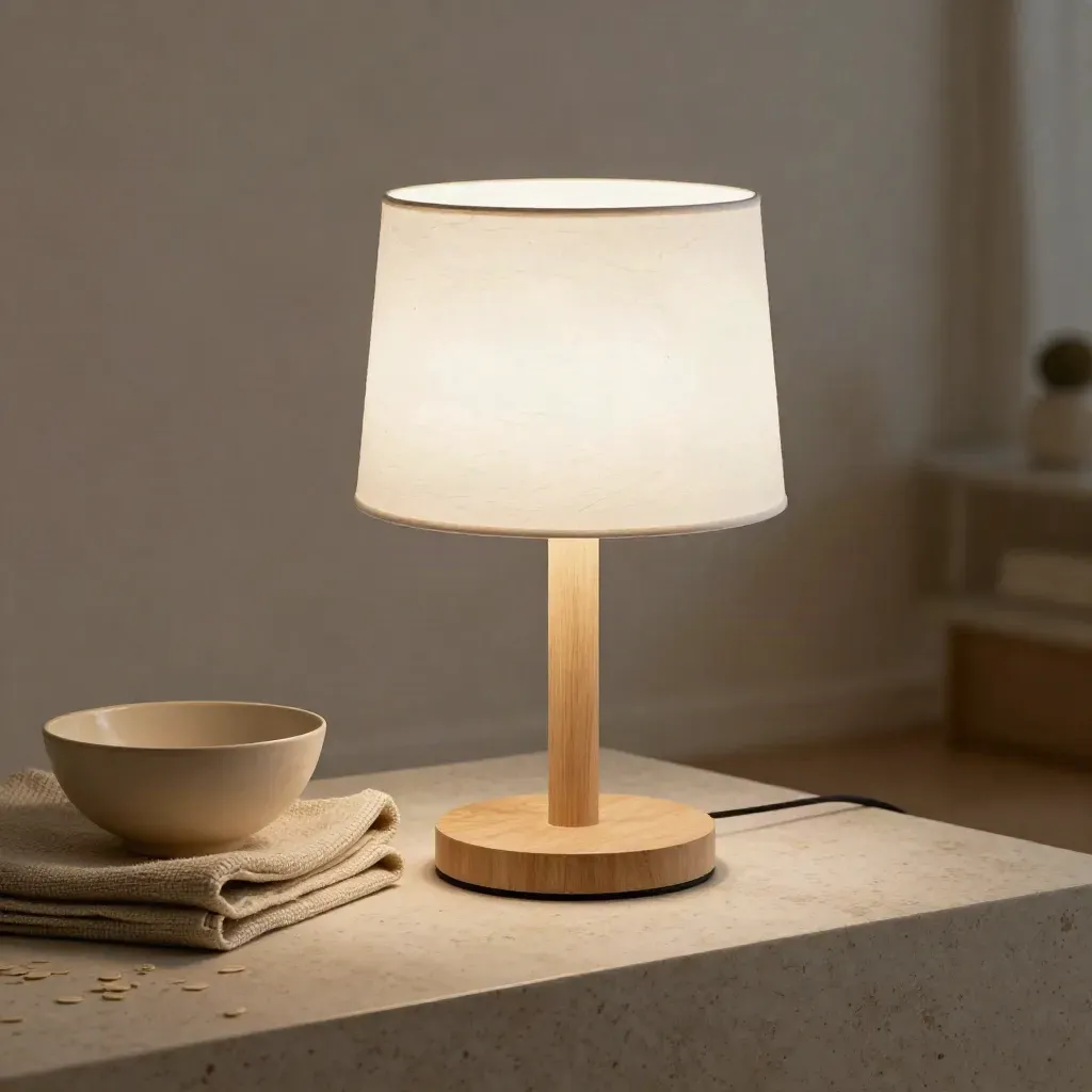 Glowing paper shade lamp on travertine beside folded textile and ceramic bowl