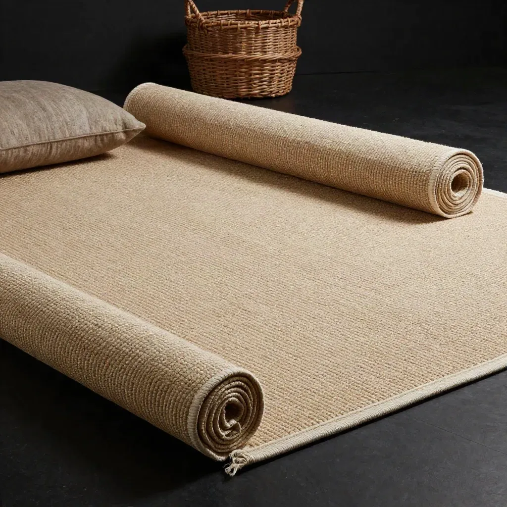Rolled sand weave rug with cushion and basket on a dark studio floor