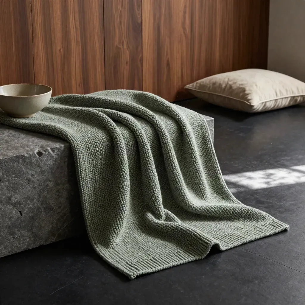 Low dramatic studio shot of a sage pebble-knit throw arced over stone with dust-lit rim light.