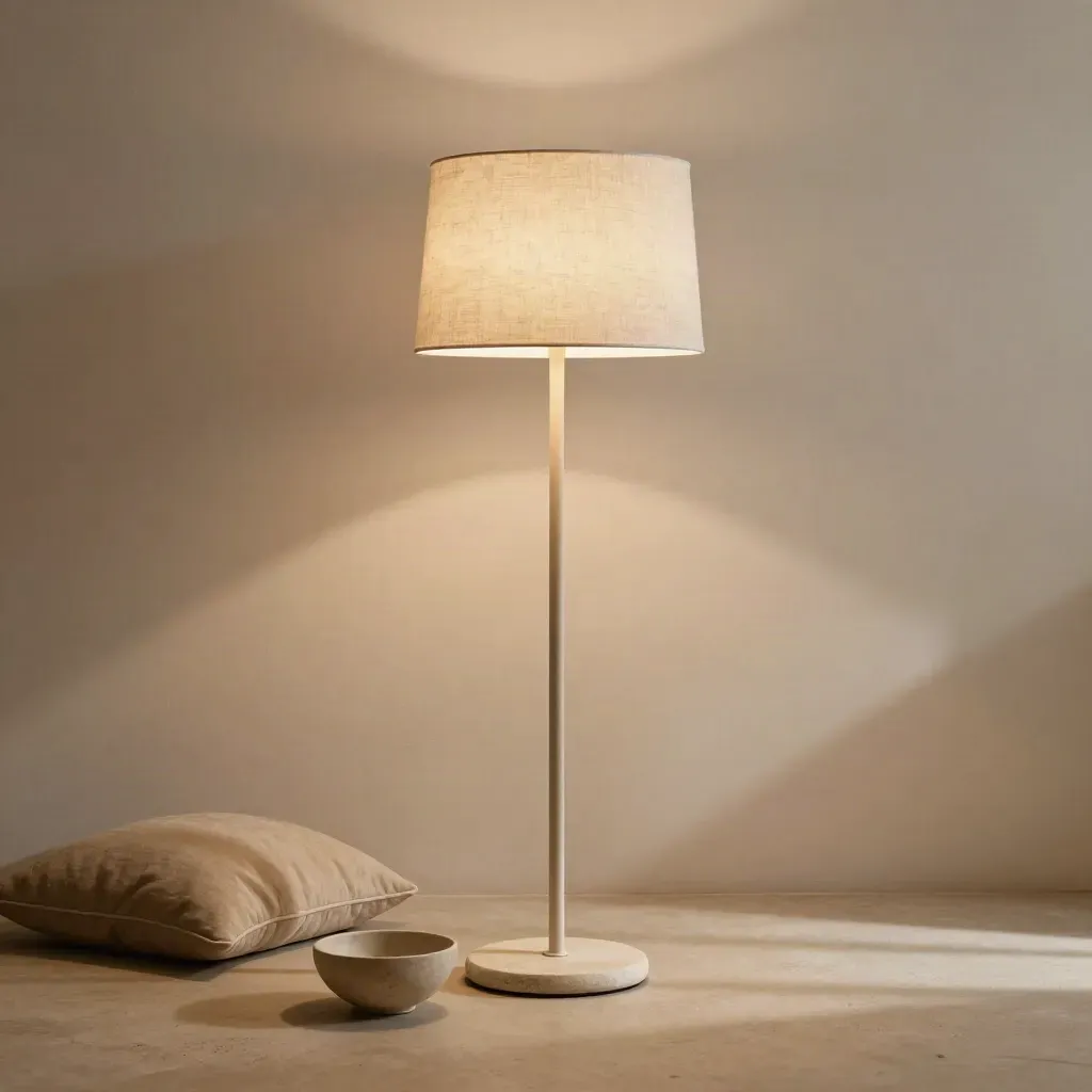 Soft-shaded floor lamp beside a cushion and ceramic bowl in a warm sand interior.