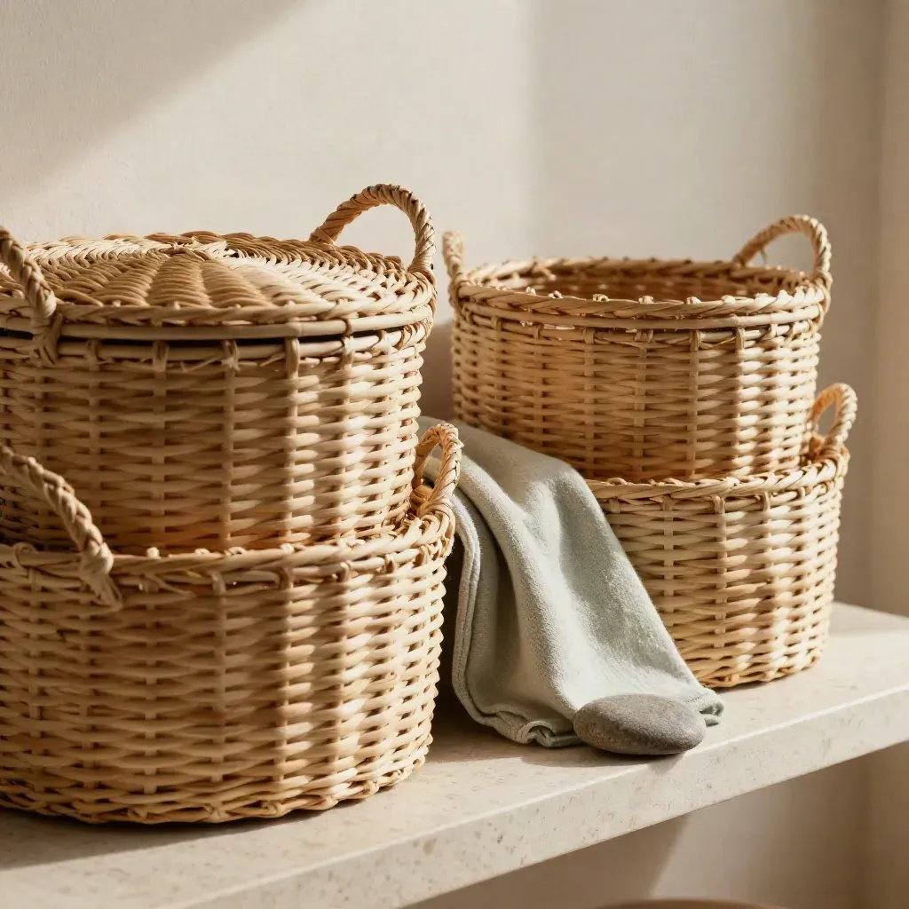 Three nested woven baskets with a sage throw on a travertine shelf.