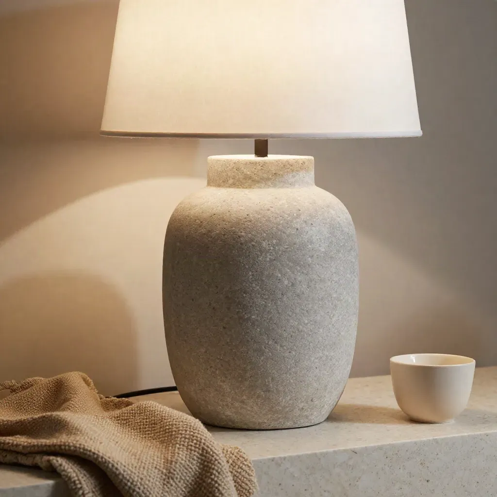 Matte stone table lamp beside folded cloth and a tiny ceramic cup on travertine