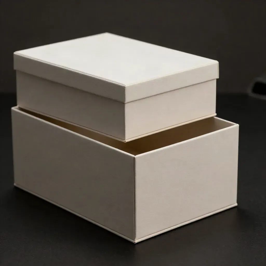 Two nested cloud-white storage boxes on a dark surface, lit dramatically in a studio.